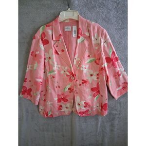 Blazer Sz 16 Linen Blend Pink Floral Airy Garden Colorful Emma James 3/4 Sleeve